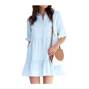 ROYLAMP Women's Summer Blue Tunic Dress Puff Sleeve Ruffle‎ Hem